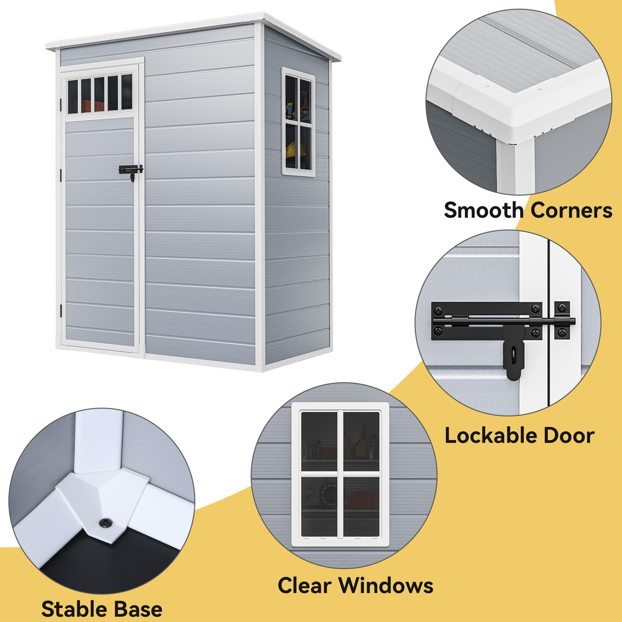 DWVO 5x3FT Outdoor Storage Shed with Fence-Style and Side Windows, Floor, Lockable Doors, Plastic Storage Shed for Backyard and Garden, Gray DWVO