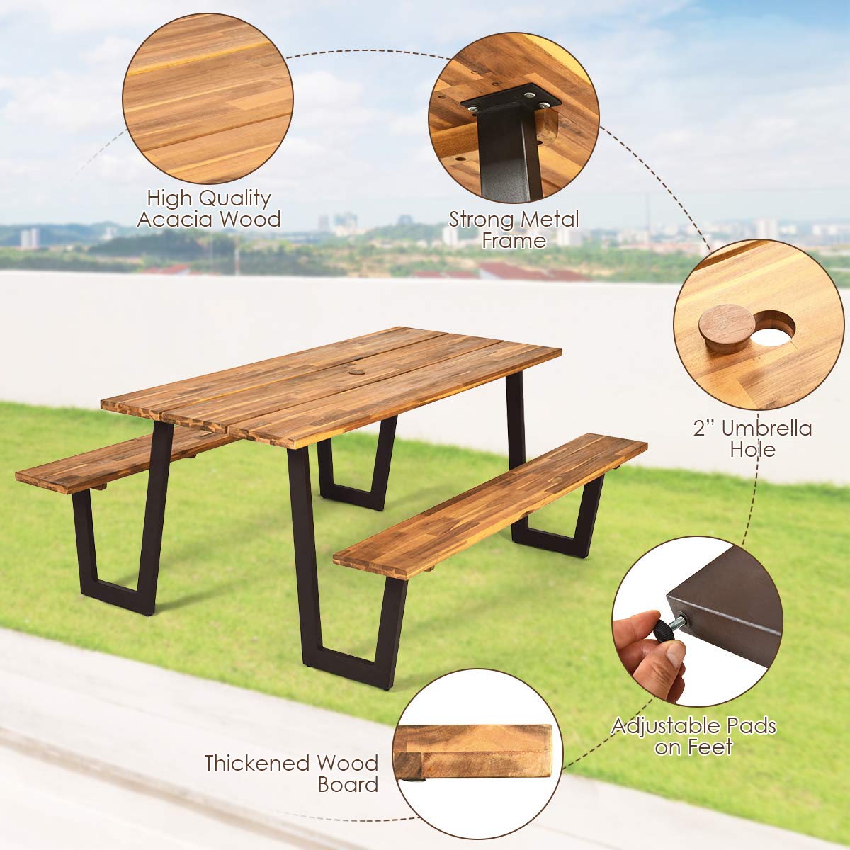 Giantex Picnic Table Bench Set with Umbrella Hole, Outdoor Dining Table Set, 70'' Acacia Wood Picnic Beer Table with Metal Frame Patented Giantex