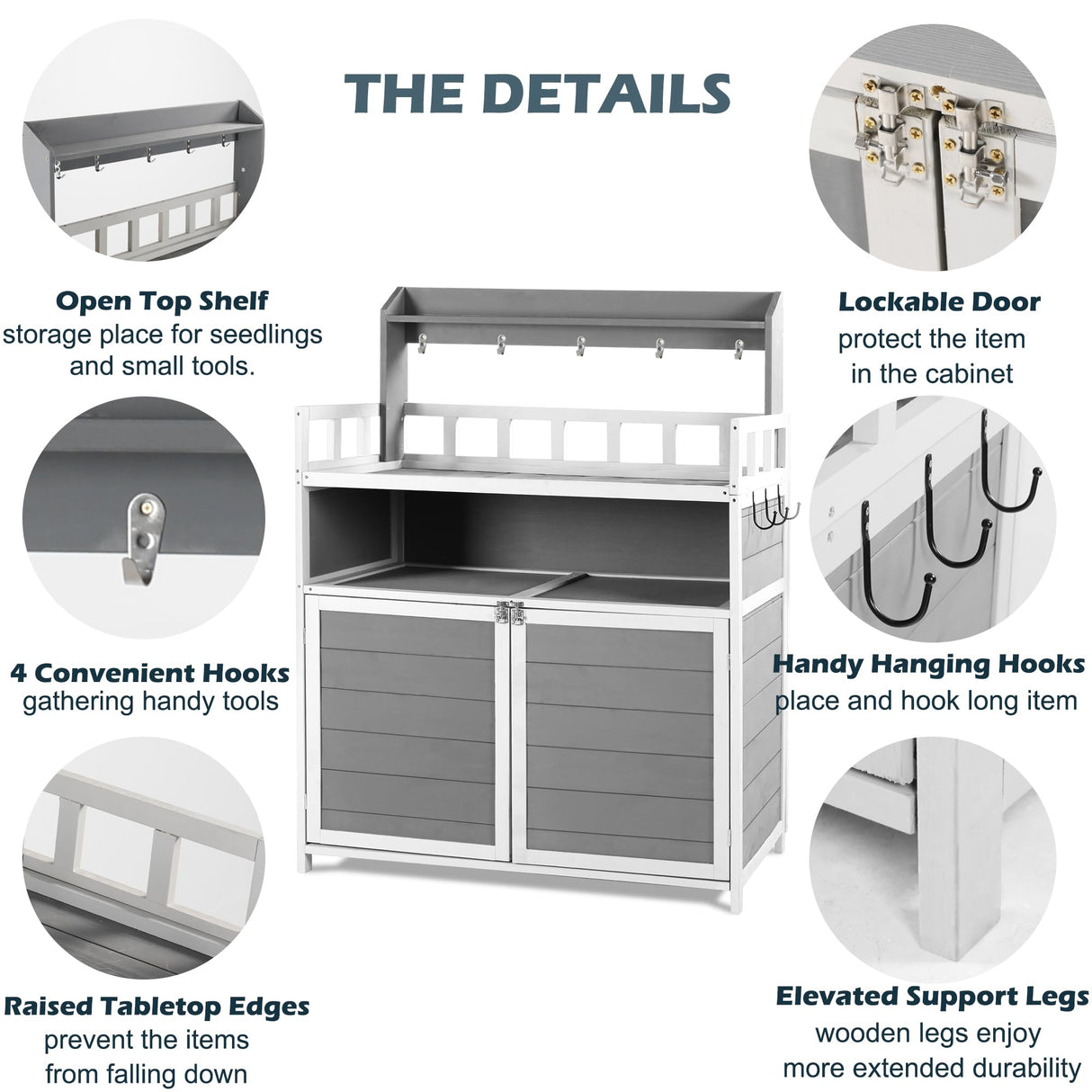 GRAVFORCE Outdoor Potting Bench Table, Garden Potting Benches for Outside Planting Work Bench Table Wooden Storage Plant Table Cabinet Gardening Table for Patio, Garden, Greenhouse, Backyard (Gray) GRAVFORCE
