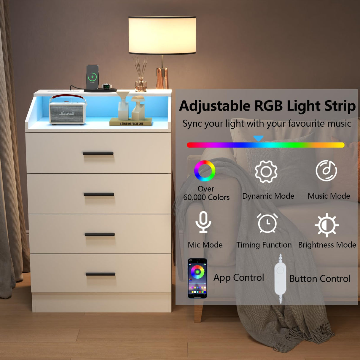 Gyfimoie 4 Drawers Dresser with Power Outlet, Chest of Drawers with LED Light, White Dresser Organizer with Open Storage Cubby, Modern Nightshatnd for Bedroom, Living Room, Entryway, Hallway Gyfimoie