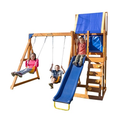 Sportspower North Peak Wooden Swing Set with Heavy Duty A-Frame & 6ft Double Wall Slide and Bonus Anchor Kit, Yellow/Blue