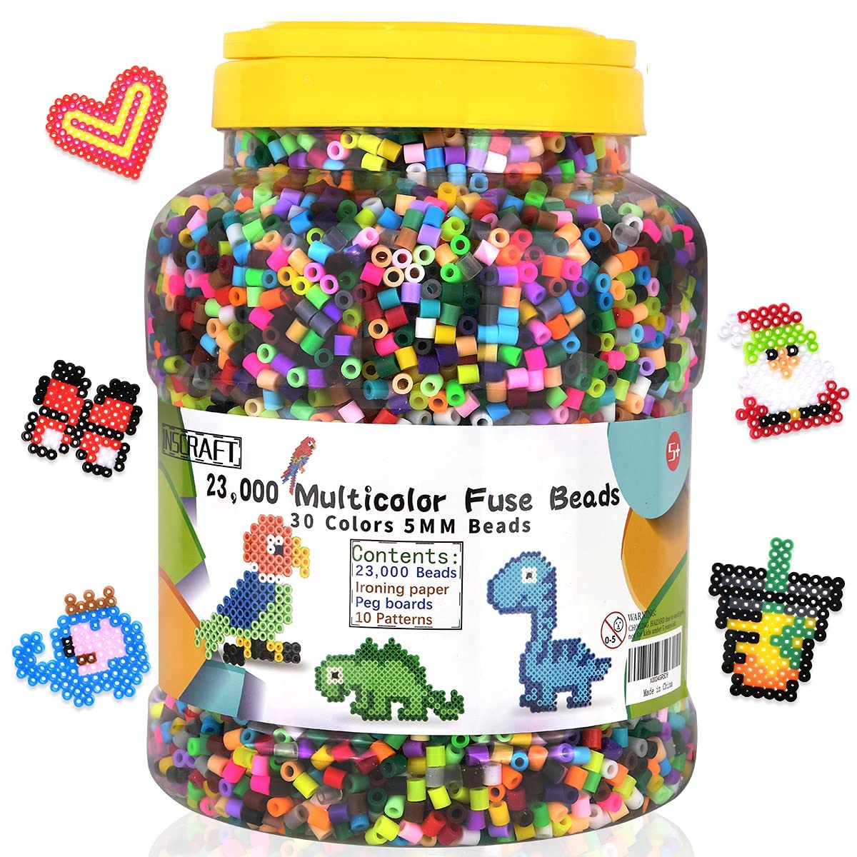 23,000 pcs Fuse Beads Kit for Kids Crafts, 30 Colors Iron Beads Set with 3 Pegboards, 5 Ironing Paper, 10 Patterns, Gifts for Birthday Christmas, Multicolor 5mm Melty Beads Bulk Refill Kit by Inscraft INSCRAFT