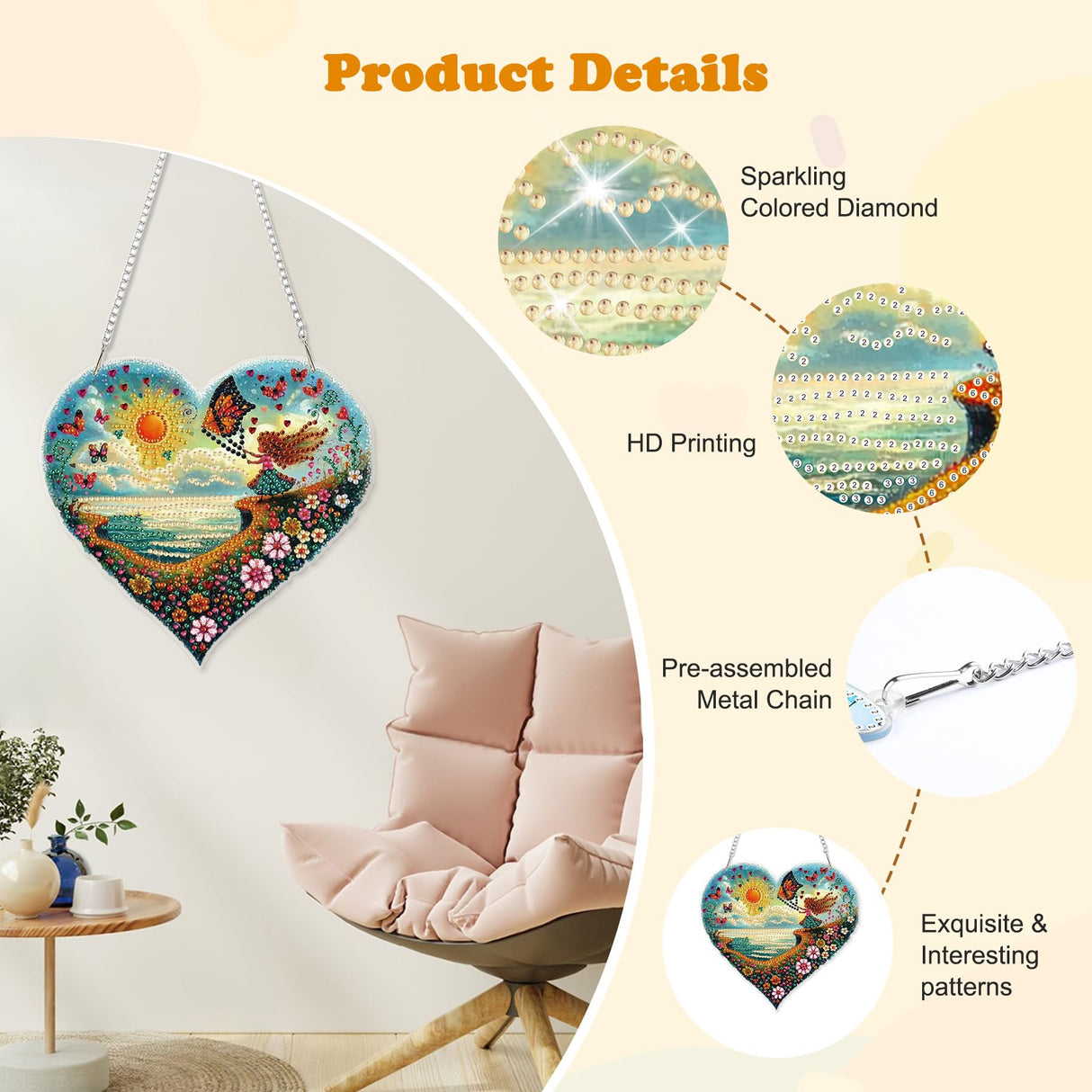 HEIBAGO Diamond Art Hanging Kits for Adults Kids, Hanging Diamond Art Beach Heart Shape, 5D Special Shaped Crystal Diamond Painting Kit, DIY Pattern Window Pendant for Home Wall Decor 8.3x8.3Inch HEIBAGO
