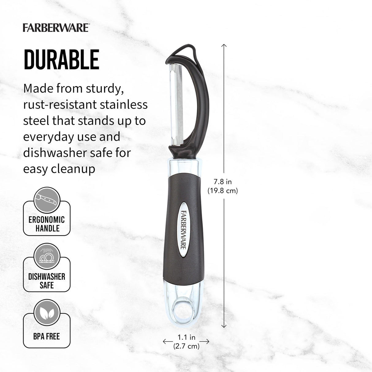 Farberware Euro Peeler, a Kitchen Essential for Quick and Easy Peeling of Produce, Chocolate, Cheeses and More. Features Hang-Hole for Easy Storage, Dishwasher Safe, Black Farberware