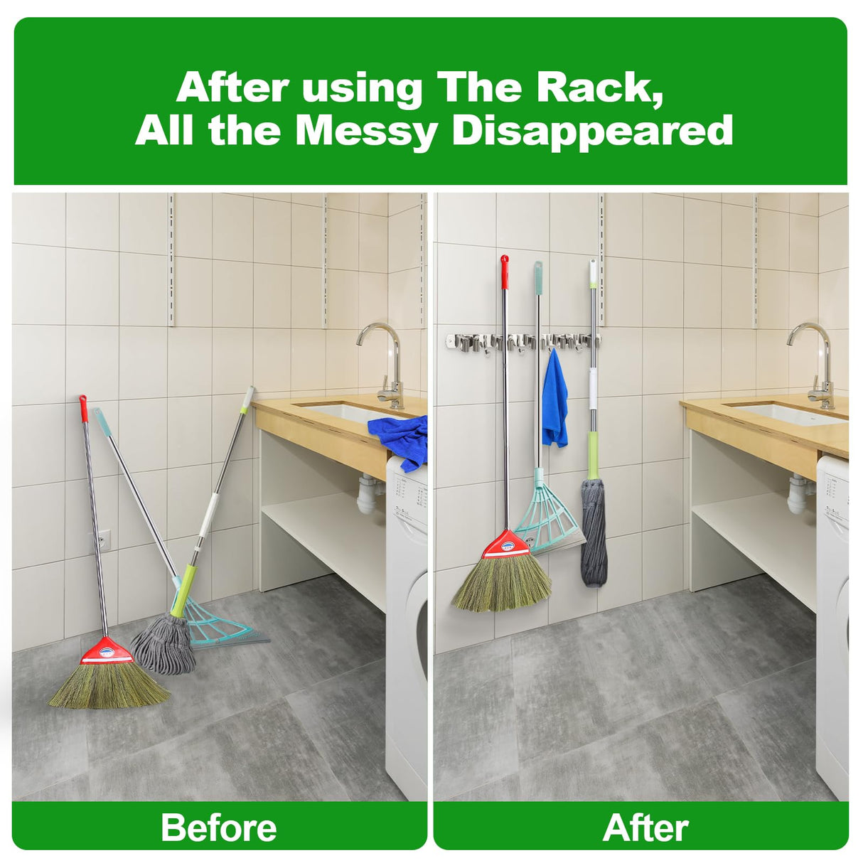 voze 5 Racks and 4 Hooks Mop and Broom Holder Wall Mount, Self Adhesive Heavy Duty Broom Hanger Organizer Storage Tool Racks for Kitchen Garden Laundry Garage voze