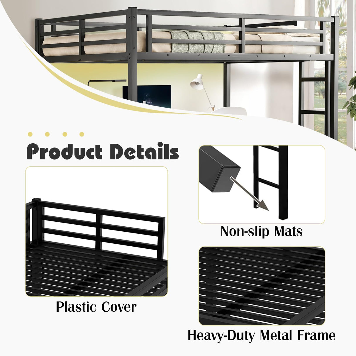 XUWANSHANG Loft Bed Full Size with Desk, Metal Heavy Duty Loft Bed with LED Lights, USB Port, Full Loft Bed Frames for Kids, Junior, Adults, Space Saving, Noise Free (Black, Full) XUWANSHANG