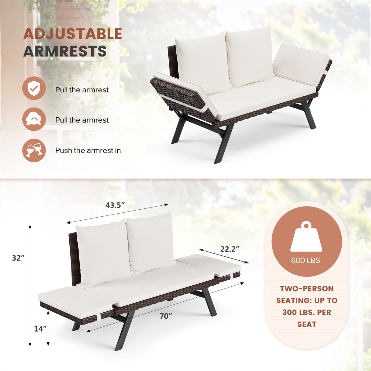 Flamaker Outdoor Convertible Sofa, Woven Rattan Patio Furniture Sunbed with Adjustable Armrests, Removable Cushions and Pillows for Patio, Porch, Pool (Brown Lounger & Beige Pillowcase) Flamaker