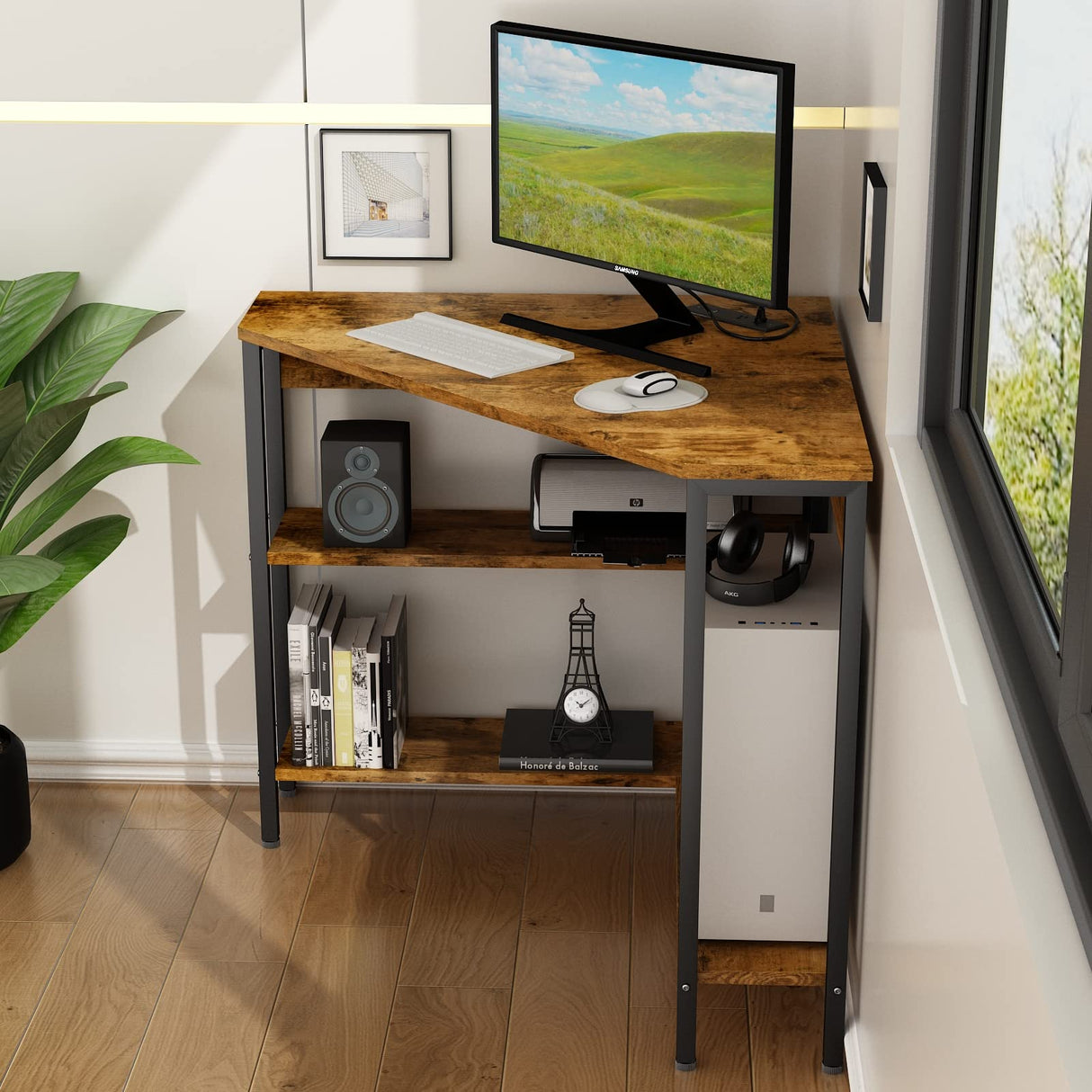 Auromie Corner Desk with Outlets & USB Ports, 90 Degree Triangle Corner Table with CPU Stand & Storage Shelves for Small Space, Computer Table with Charging Station for Home Office Bedroom (Rustic) Auromie
