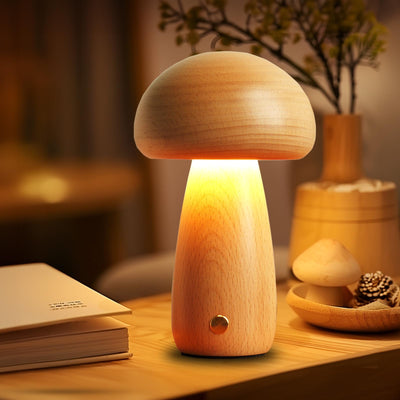 LONRISWAY Wooden Mushroom Lamp for Bedroom, Portable Cordless Small Rechargeable Battery Operated Lamp,Stepless Dimming, Night Light for Birthday Gifts