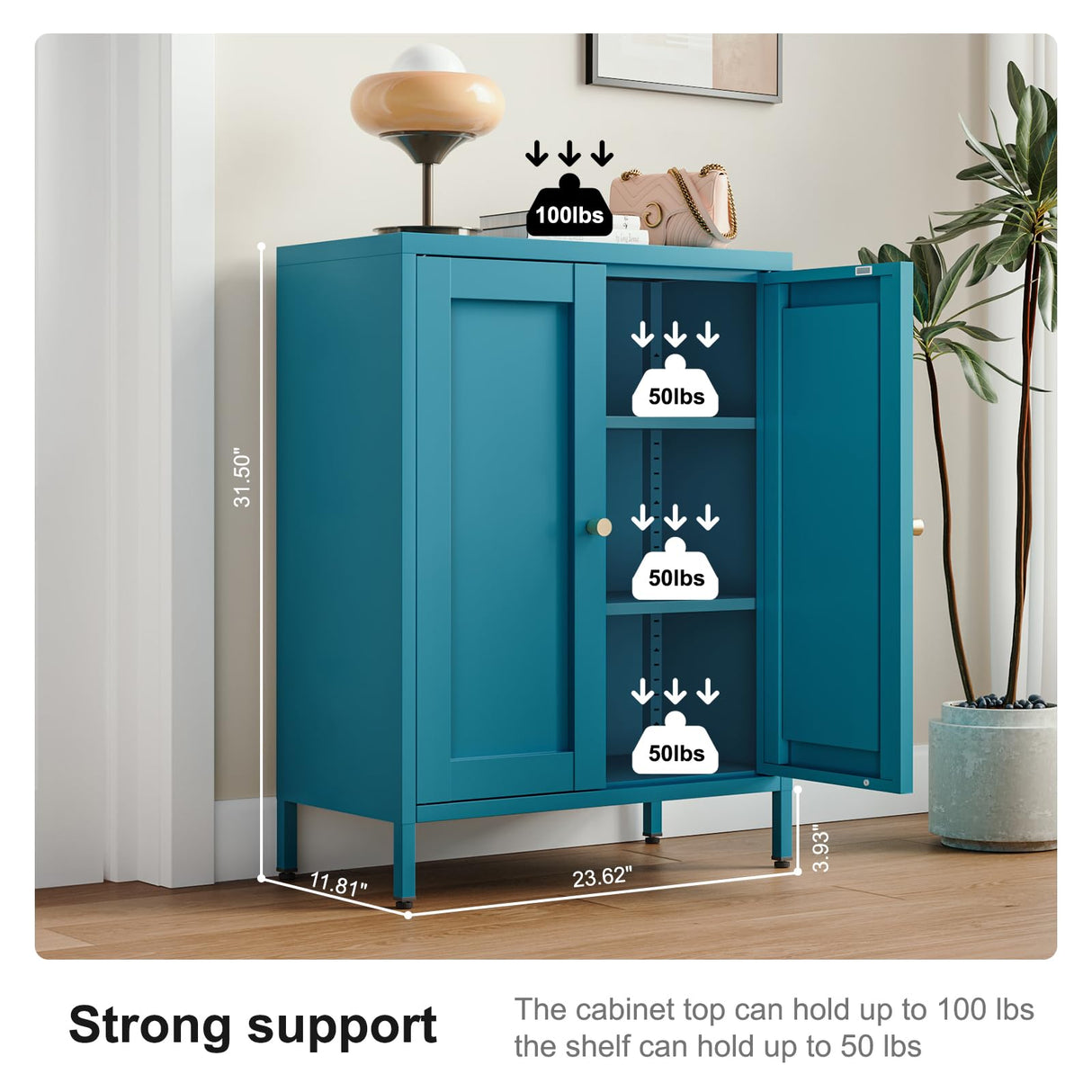 Bevivog Bathroom Floor Storage Cabinet,Metal Storage Sideboard with 2 Doors and 2 Adjustable Shelves,Modern Storage Freestanding Organizer Rust-Proof Locker,Living Room,Hallway,Blue Bevivog
