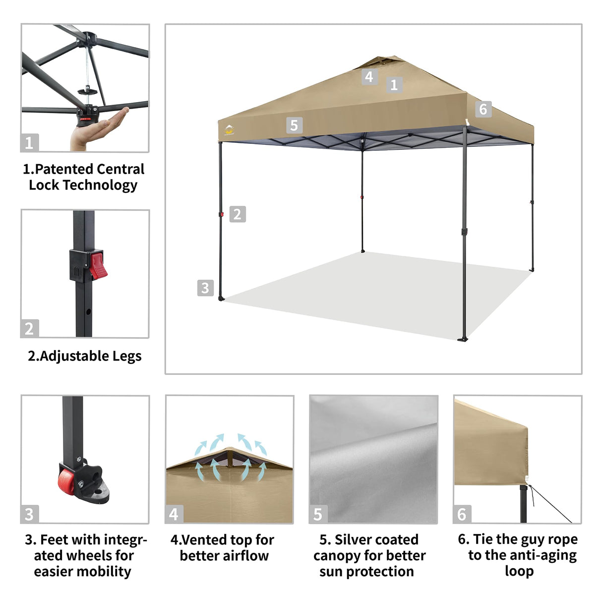 CROWN SHADES 10x10 Pop Up Canopy - Beach Tent with One Push Setup - Outdoor Canopy Tent with STO-N-Go Cover Bag for Events, Parties, Silver Coated Top, 3 Height & 4 Sand Bags,Khaki CROWN SHADES
