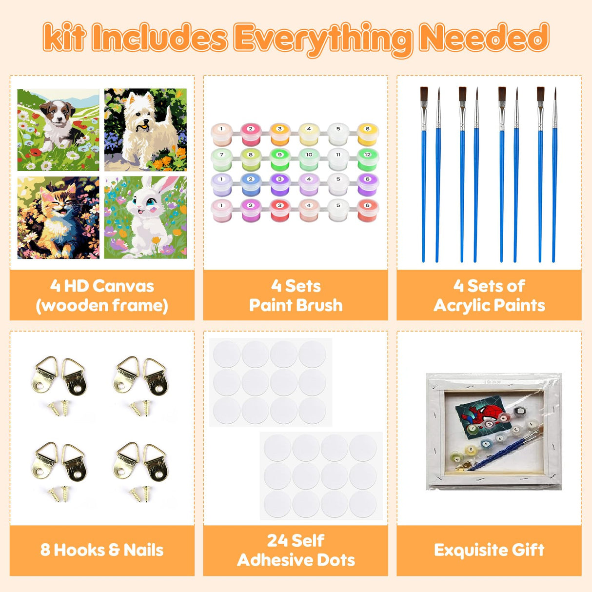 4 Pack Paint by Numbers Kits for Kids with Wooden Frame-Cartoon Animal Painting by Numbers for Kids Adults Beginners, Easy Paint by Numbers Kit Crafts for Kid Paint by Number for Wall Decor(8X8inch) Genius maker