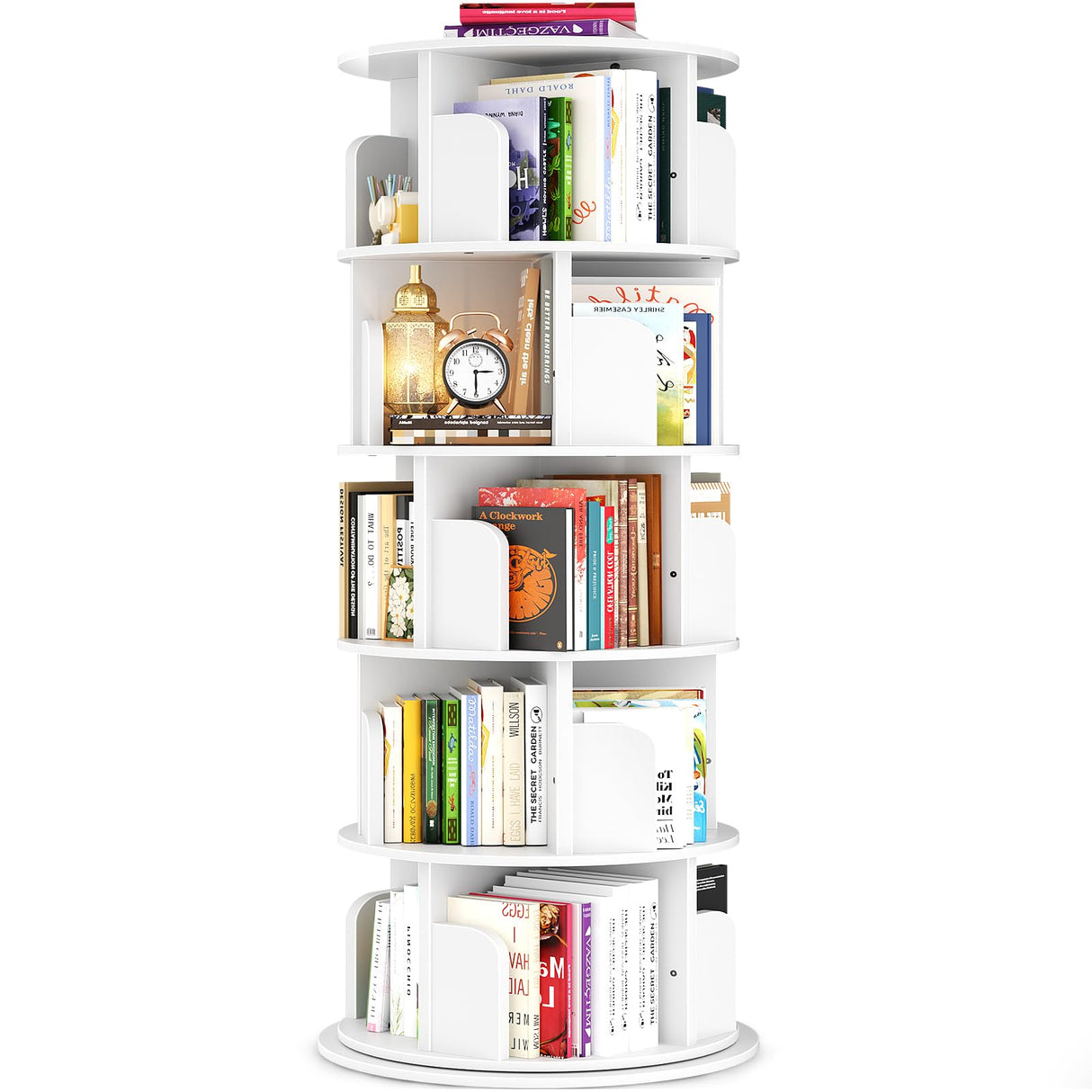 Besiost Rotating Bookshelf Tower, 5 Tier Spinning Bookcase, Revolving 360 Book Shelf Narrow Tall Bookcase, Vertical Turning Round Bookshelf Organizer, Wood Corner Book Shelf for Small Space, White Besiost