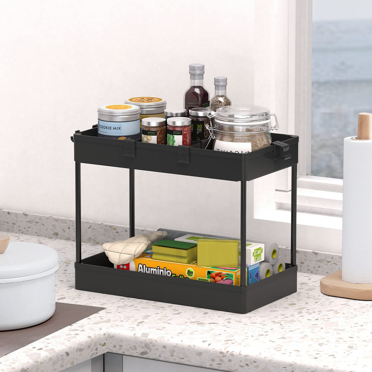 SPACELEAD 3 Tier Rolling Cart with Wheels, Storage Craft Art Trolley Organizer Serving, 3 Hanging Baskets Easy Assembly, for Office, Living Room, Kitchen, Black SPACELEAD