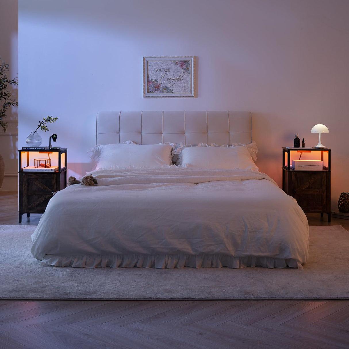 Yoobure Farmhouse Nightstand with Charging Station, Wood Night Stand End Table with USB Ports, LED Bed Side Table with Storage Cabinet, Bedside Table for Bedroom, Living Room Rustic Brown Yoobure