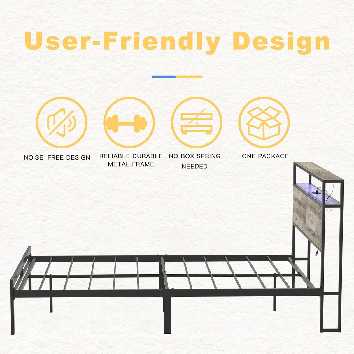 HAUSOURCE King Bed Frame with LED Storage Headboard & Metal Platform Support HAUSOURCE