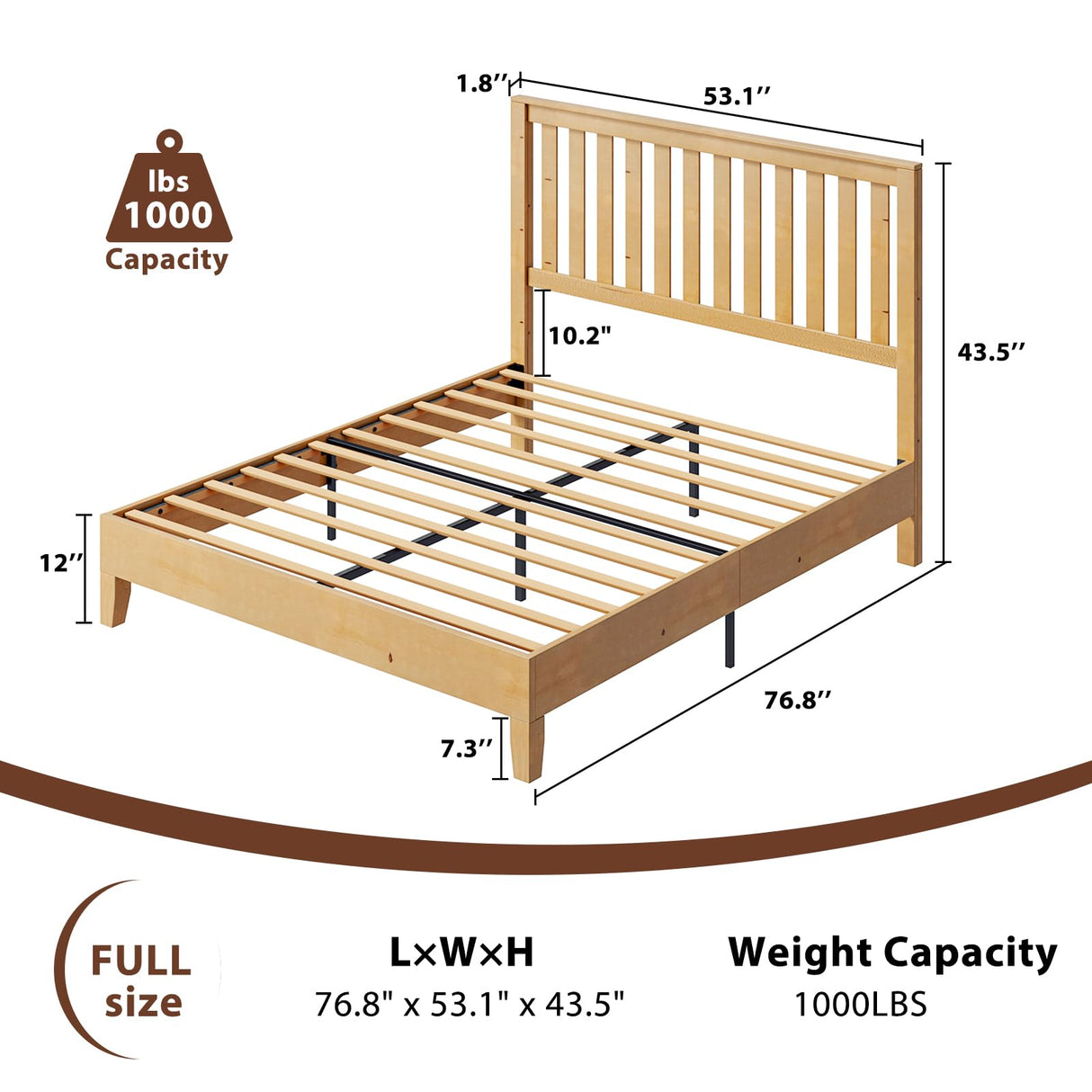 LUXOAK Rustic Pine Full Size Solid Wood Platform Bed Frame with Elegant Slat Headboard LUXOAK