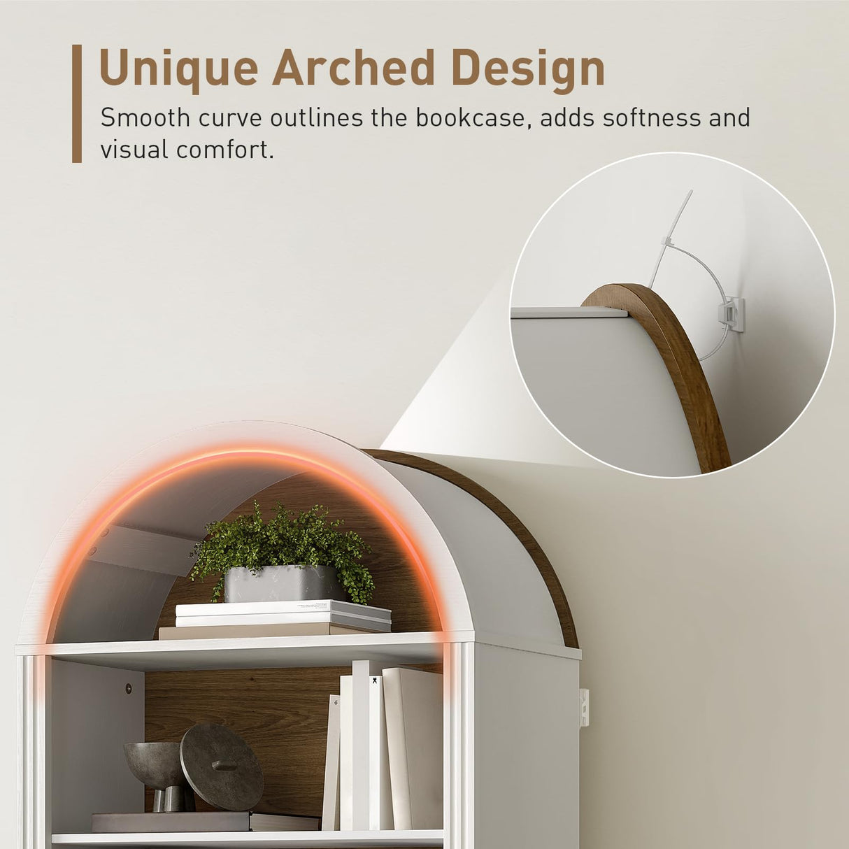 RALGEND Farmhouse Arched Bookshelf, 7 Tiers Arch Bookcase with 2 Spacious Drawers, Modern Book Shelf with Open Display Shelves and Storage Cabinet, for Office, Living Room, Kitchen, Walnut and White RALGEND