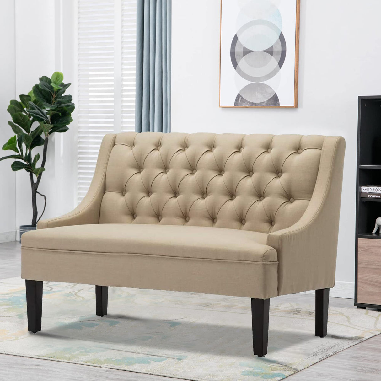 ANDEWORLD Modern Loveseat Settee Button Tufted Sofa Couch Upholstered Banquette Dining Bench Living Room Funiture (Khaki) Andeworld