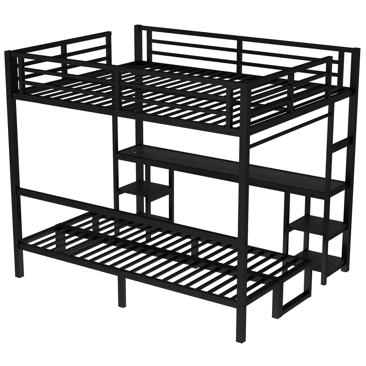 SOFTSEA Queen Over Twin XL Metal Bunk Bed with Desk and Shelves, Metal Bed Frame with LED and USB, Multiple Uses Folds into Sofa, No Box Spring Needed, Black SOFTSEA