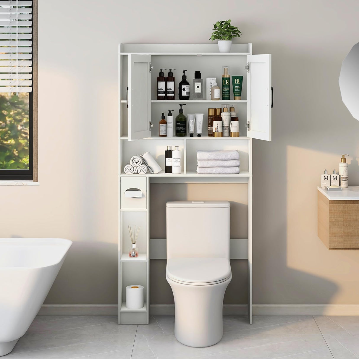 Over The Toilet Storage Cabinet, Farmhouse Storage Cabinet Over Toilet with 2 Barn Door & Toilet Paper Holder Stand,Home Space-Saving Toilet Rack, for Bathroom, Restroom, Laundry Vabches