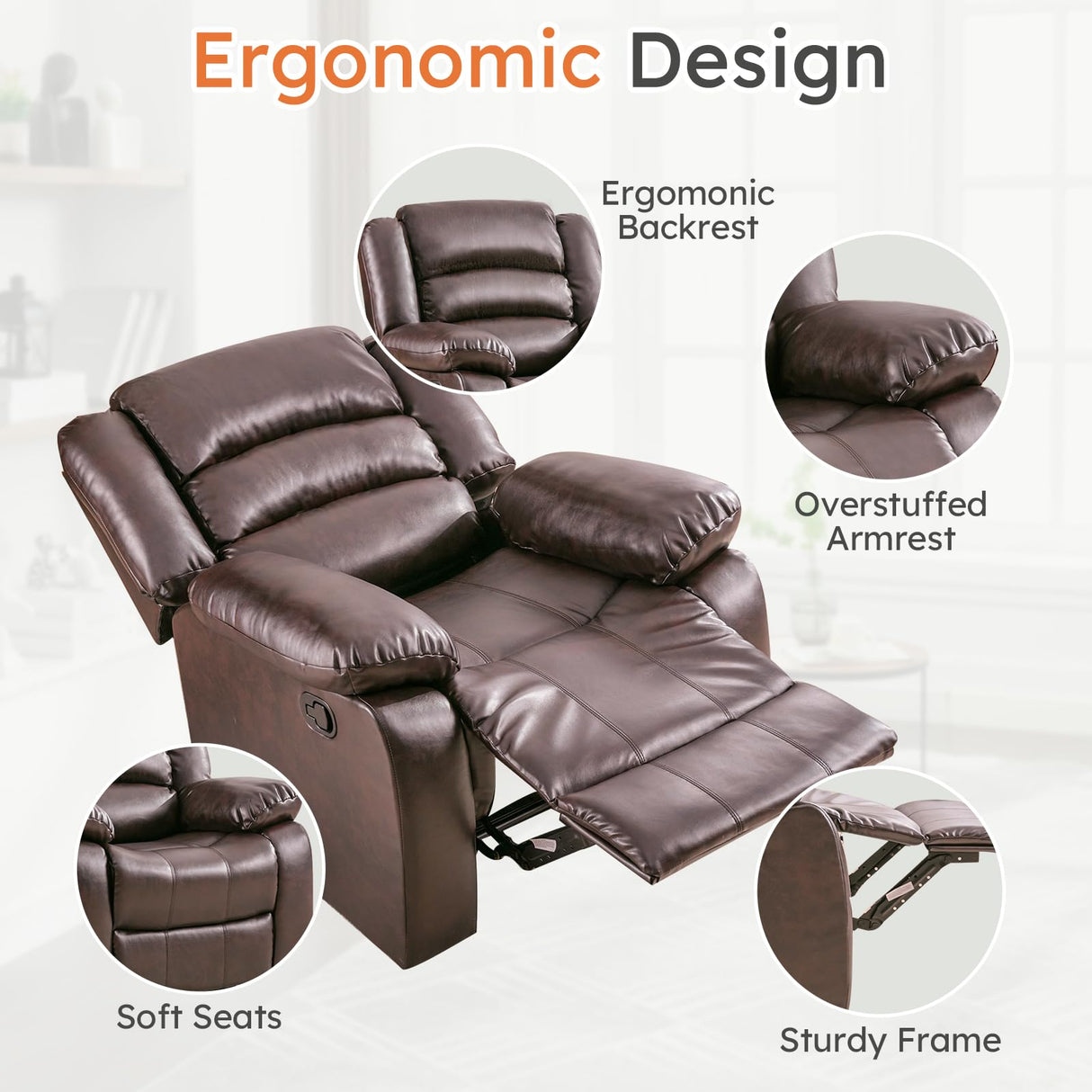 ANJ Recliner Chair, Breathable PU Leather Reclining Chair, Extra Wide Manual Recliners with Overstuffed Arm and Back, Single Sofa Chair for Living Room Bedroom(Dark Brown) ANJ