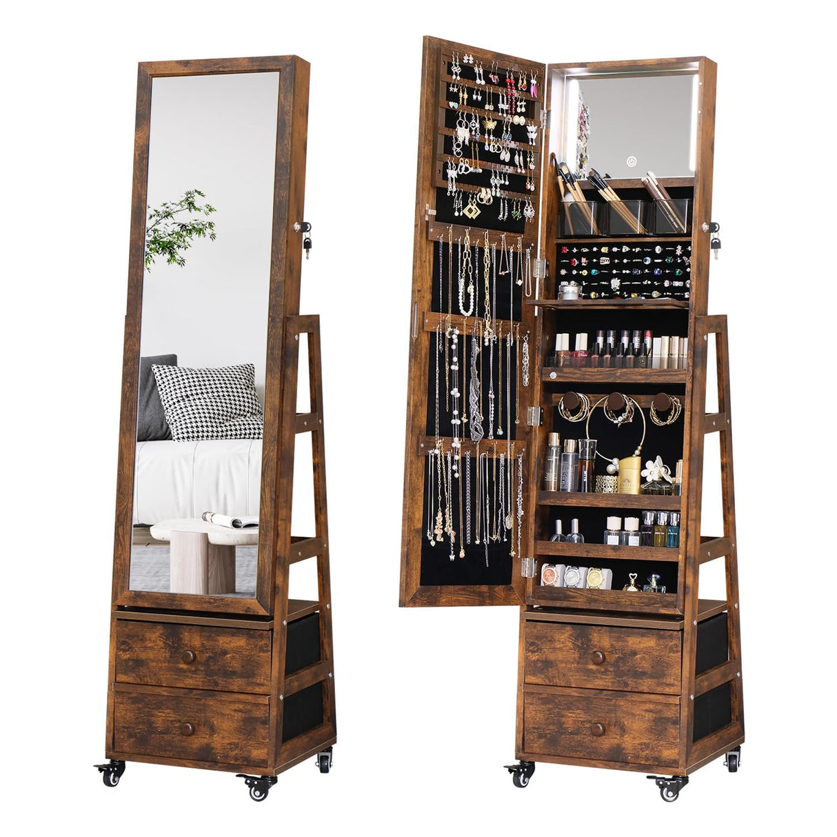 MASMIRE Rotating Jewelry Cabinet with Vanity Mirror,Full Length Mirror with Storage Mirror Jewelry Armoire Standing with LED Lights Lockable Jewelry Organizer Wheels Rustic Brown MASMIRE