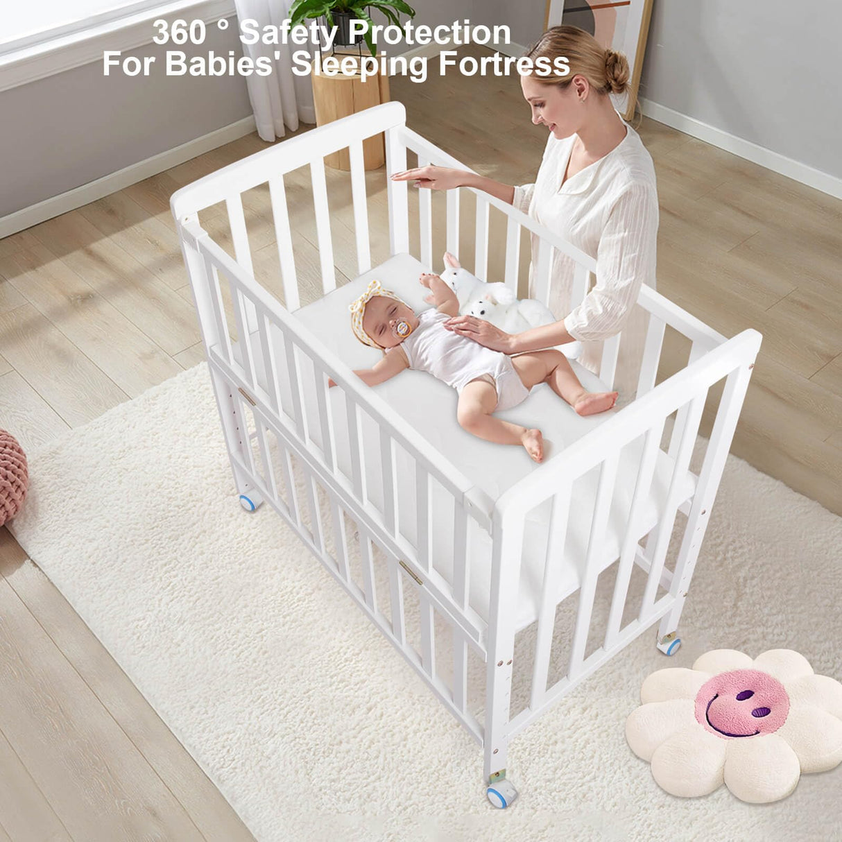 Flwrgirl Baby Bassinets Bedside Sleeper - Pine Wood Bassinet Bedside Sleeper,6 Heights Bedside Bassinet for Baby,Co Sleeper for Baby in Bed with Mattress,Baby Bedside Bassinet Crib,White Flwrgirl