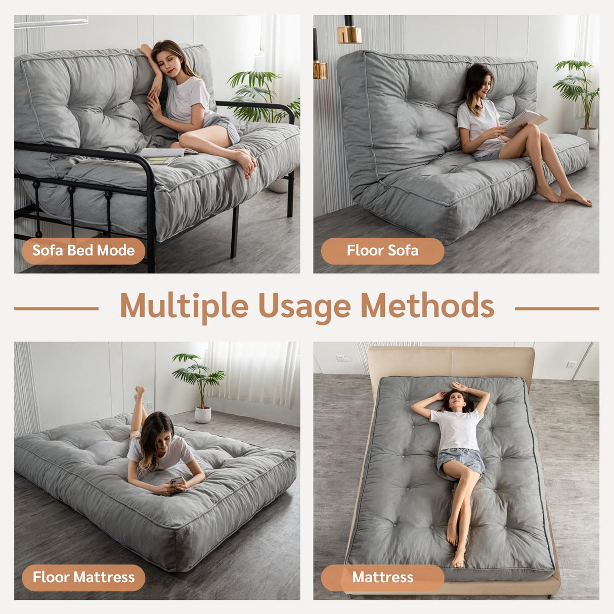 YOSHOOT 8 Inches Futon Mattress Full Size, Thick Futons Sofa Couch Bed, Floor Mattress for Adults, Shredded Foam Filling, Medium Firm(Frame Not Included), Grey YOSHOOT