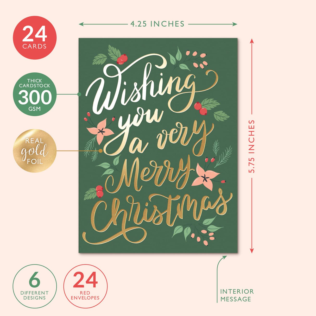 Christmas Cards Set - 24 Gold Foil Holiday Decor Sheets with Red Envelopes – 6 Assorted Designs Boxed for Easy Storage - Bulk Greeting and New Years sheets - 4.25”x5.75” Sweetzer & Orange