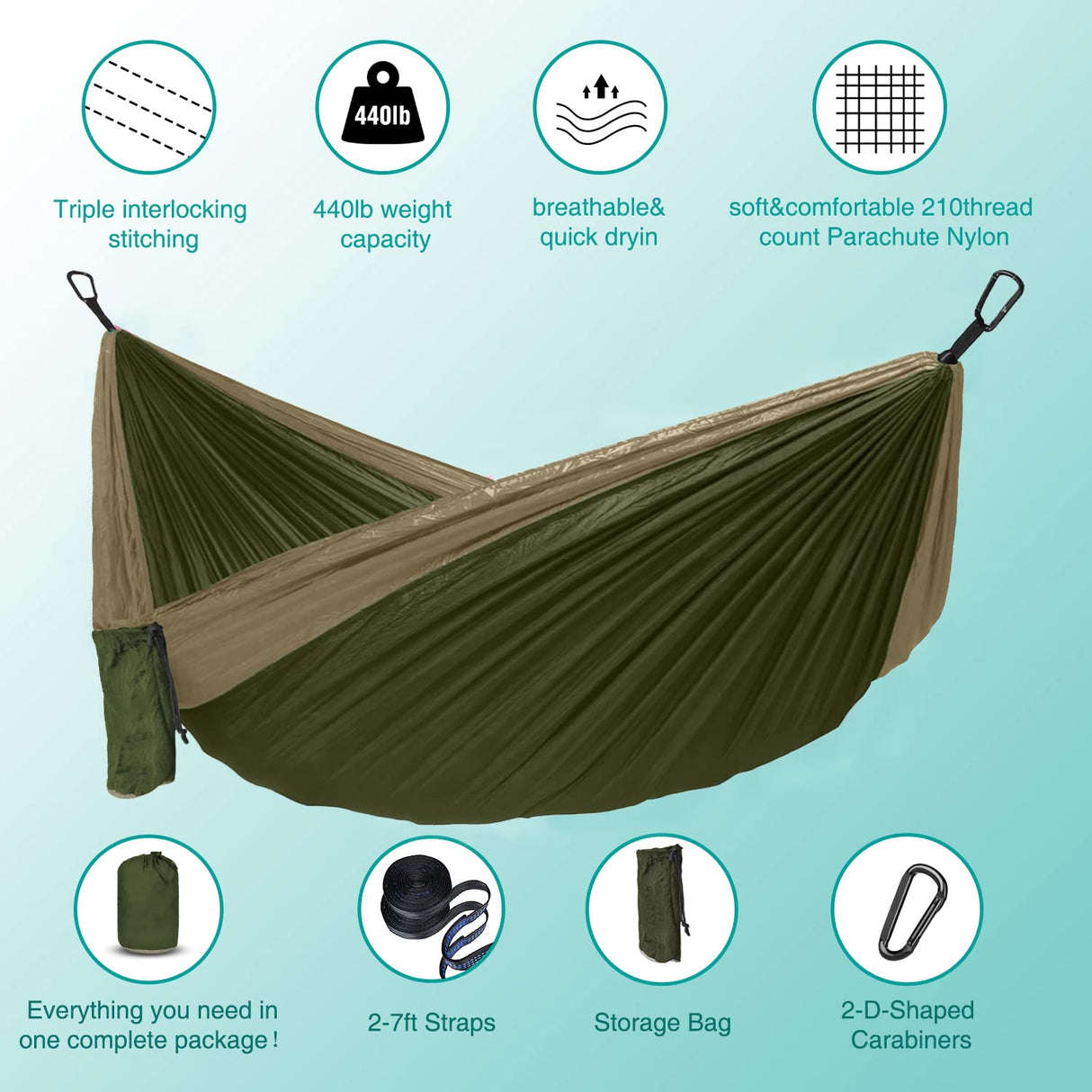 Hammock Camping, Portable Single/Double Hammocks for Outdoor Hiking Travel Backpacking - 210D Nylon Hammock Swing for Backyard & Garden (Green/Khaki) ERUW