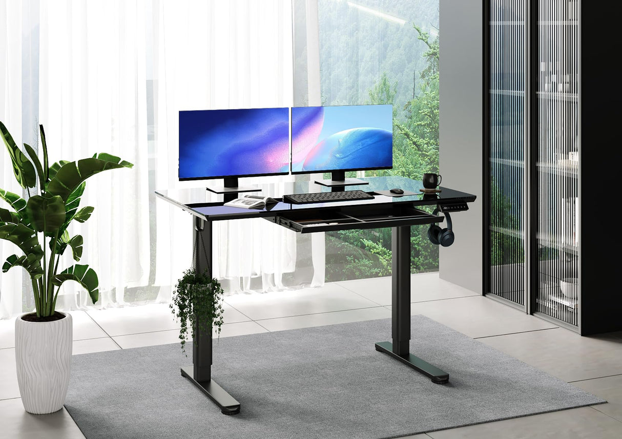 INNOVAR Glass Standing Desk with Drawers, 48×24 Inch Adjustable Stand Up Desk, Quick Install Home Office Computer Desk, Black INNOVAR