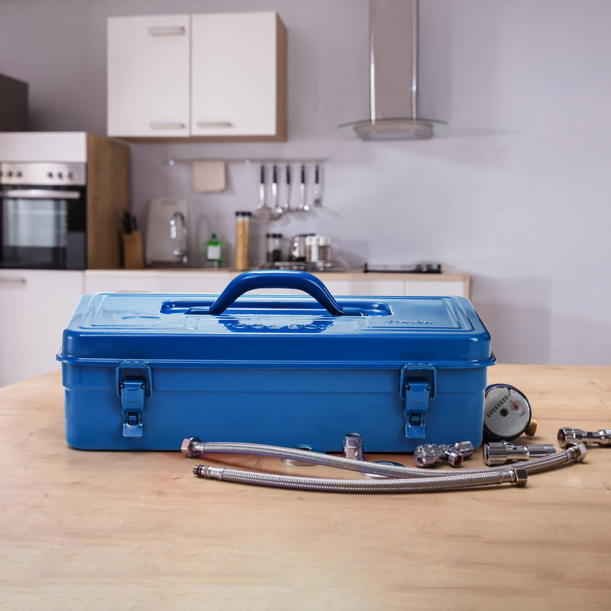 Acshio Portable Steel Tool Box, 16 Inch Metal Tool Organizer Box with Double Latch Closure and Handle, Heavy Duty Storage Toolbox Tool Chest for Workshop, Garage, Warehouse, Household, Blue Acshio