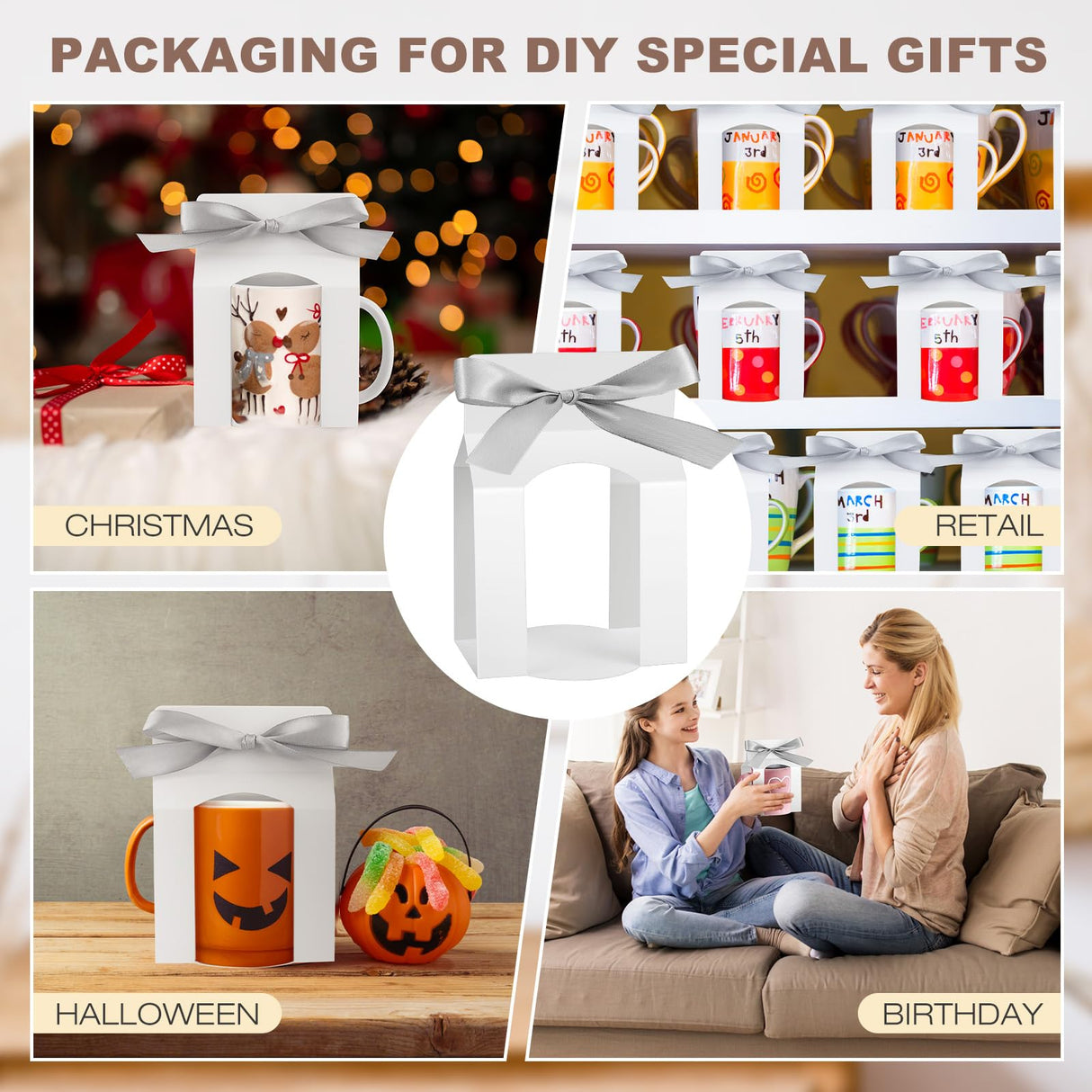 Kosiz 36 Pcs Mug Boxes Sublimation Mugs Gift Bags Mug Box Gift Box with Window Mug Boxes for Shipping Selling Gift Packaging Box for Mugs Gift Wrapping (for 11oz Mug,White, Silver) Kosiz