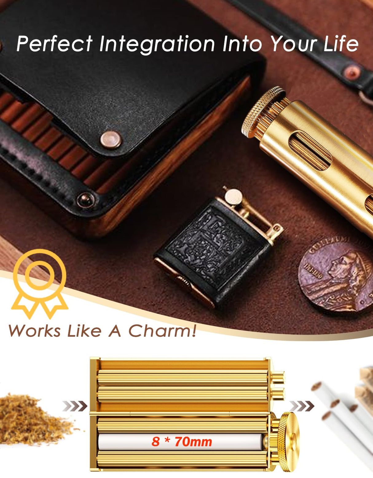 Vintage Cigarette Roller, Brass Cigarette Rolling Machine, Pure Copper Joint Roller Machine, Solid Brass Roller, Use with 70 mm Papers, Elegant and Luxurious Tobacco Roller for Men and Women ZHAOGOO