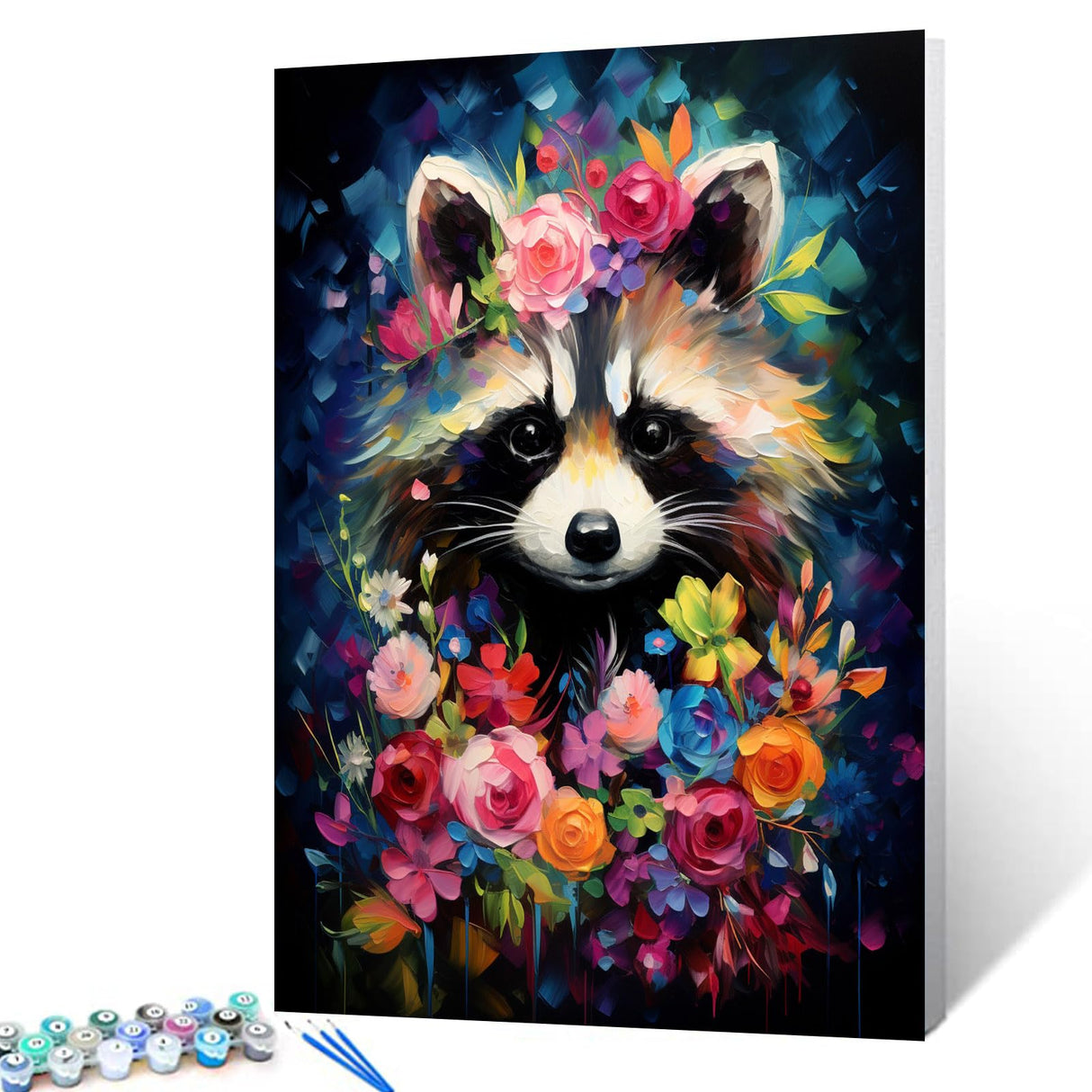 Tucocoo Raccoon Flowers Paint by Number for Adults Beginner, DIY Oil Painting Kits on Canvas with Brushes and Acrylic Pigment, Abstract Floral Cute Animal Picture for Home Decor 16x20inch (Frameless) Tucocoo