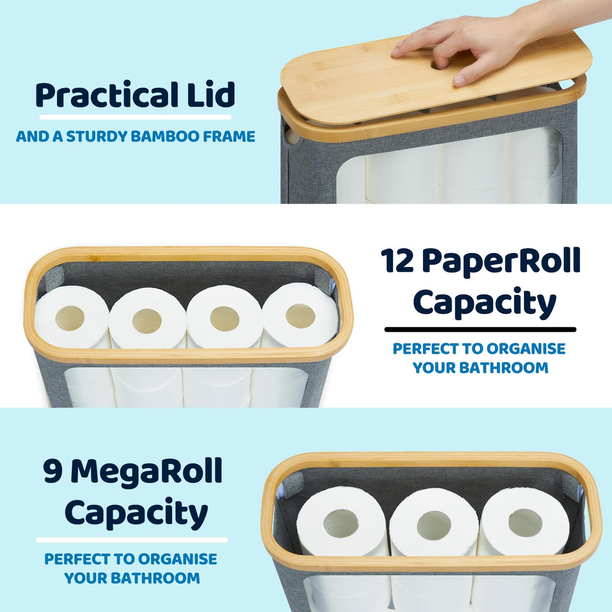 ROSOS Toilet Paper Basket, Toilet Paper Storage with Lid for 12 Rolls, Bathroom Storage Organizer with Bamboo Lid, Grey ROSOS