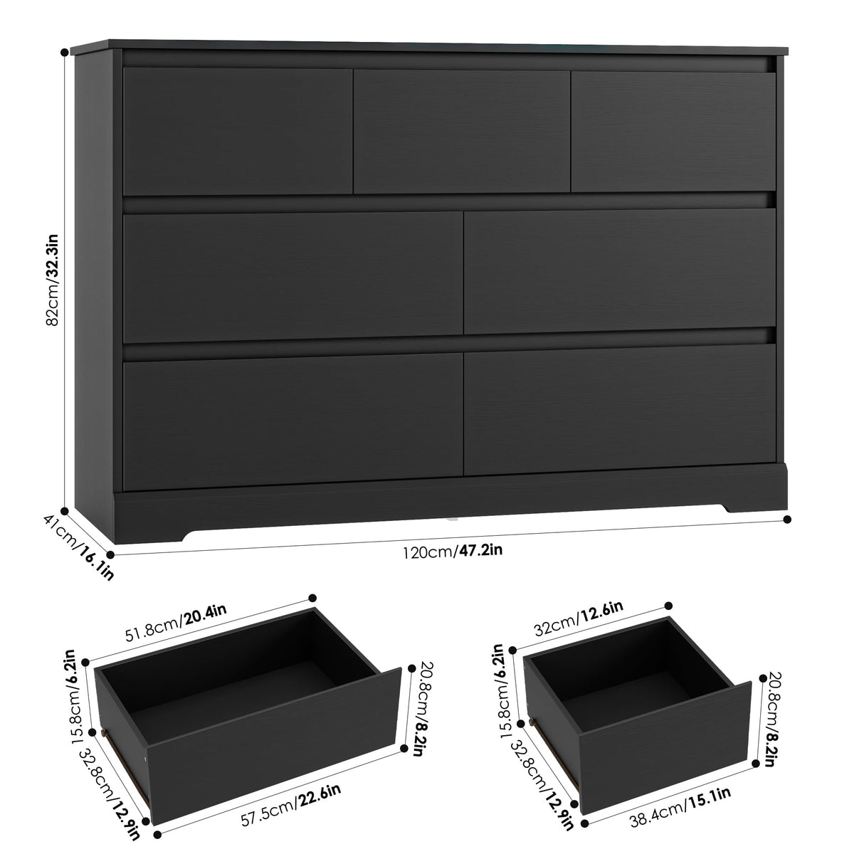 FACBOTALL Dresser for Bedroom, Modern White Dresser, Wood Chest of Drawers Nursery Dresser with Storage, 7 Drawer Double Dresser with Handle Free, Large Storage Dresser Organizer for Living Room,Black FACBOTALL
