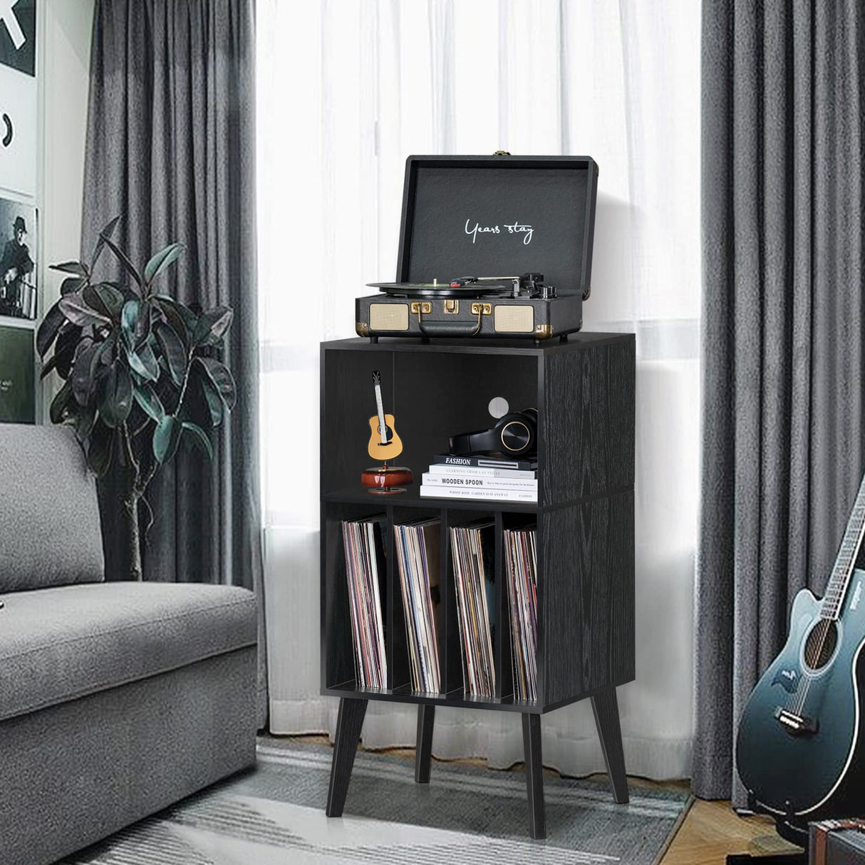 Lerliuo Record Player Stand, Black Turntable Stand Holds up to 160 Albums, Mid-Century Vinyl Storage Cabinet Table with Solid Wood Legs, Record Player Holder Dispaly Shelf for Bedroom Living Room Lerliuo