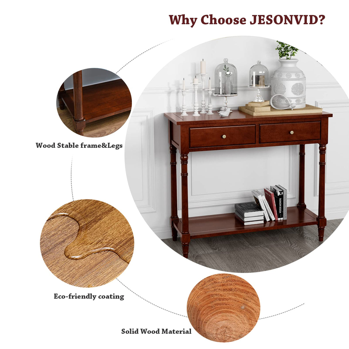 JESONVID Solid Wood Console Table with 2 Drawers, 2-Tier 35.4" X 30" Accent Sofa Table with Multilayer Storage Shelf Rustic Hall Entryway Tables for Living Room Home Office-Brown JESONVID