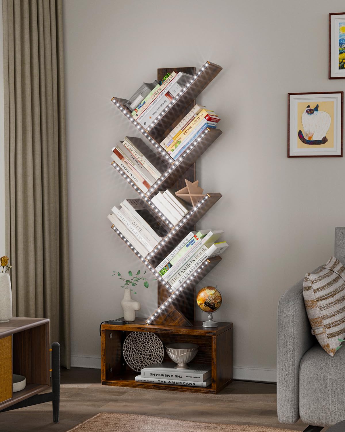 Evermagin 6 Tier Tree Bookshelf with RGBIC LED Strip Lights, Music Sync Color Changing Vertical Bookcase Tower with Remote App Control, Floor Standing Book Shelf for Books/CDs/Movies, Rustic Brown Evermagin
