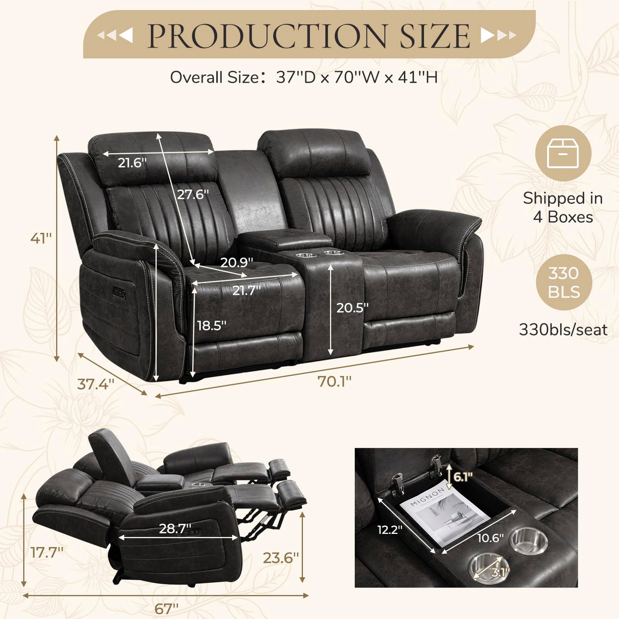 Neptane Power Loveseat Recliner Sofa with Zero Gravity, Adjustable Headrest, Power Reclining Loveseat with Console, Dual Ports, Wall Hugger Love seat Recliner for Living Room (Charcoal, Loveseat) Neptane