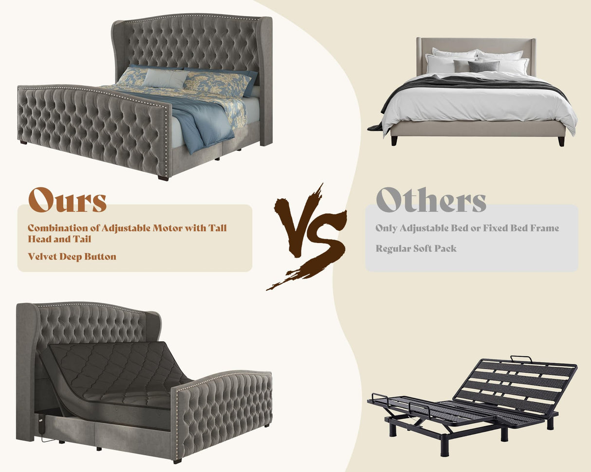 AMERLIFE King Size Adjustable Bed Frame with 51" H Velvet Upholstered and Deep Button Tufted Headboard, Electric Bed with Dual Motor/Nailhead Trim Wingback, No Box Spring Needed, Grey AMERLIFE