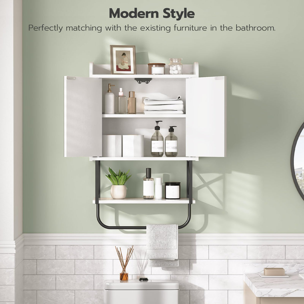 HOOBRO Medicine Wall Cabinet with Mirror, Bathroom Storage Cabinet with Hidden Space and Towel Bar, Double Mirrored Doors, Detachable Shelf, for Bathroom, Living Room, White BW41CW01 HOOBRO