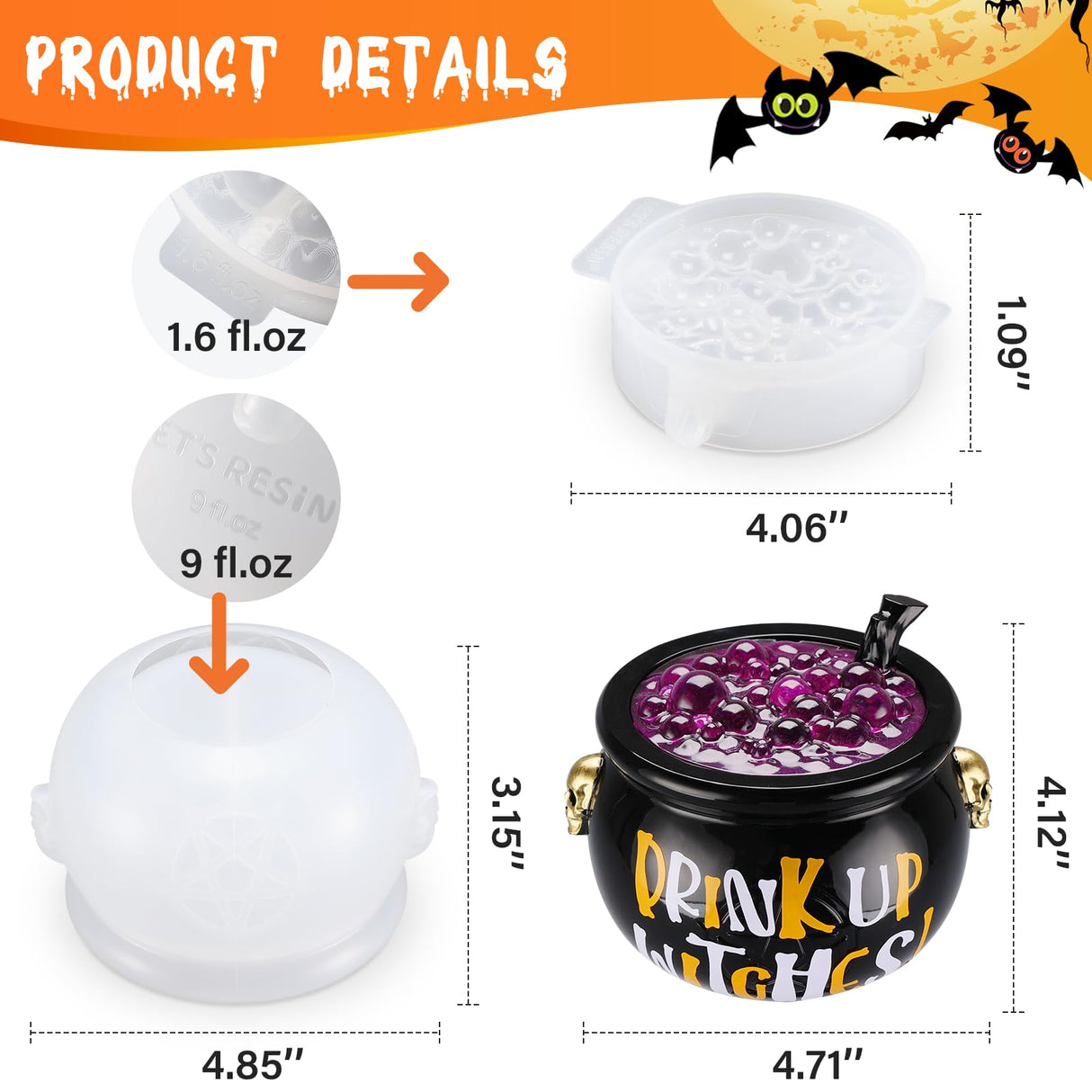 LET’S Resin Witch Cauldron Resin Mold, Halloween Resin Molds, 3D Jar Resin Molds Silicone 4.7'' Width, Large Jar Molds for Epoxy Resin Casting Craft, Storage Box,Candy Container,Candle Holder LET'S RESIN