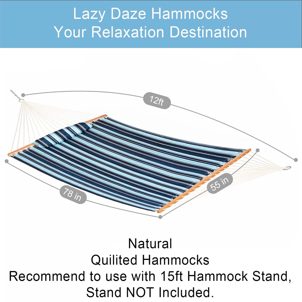 Lazy Daze Hammocks 12FT Quilted Fabric Hammock with Pillow, Double 2 Person Hammock with Spreader Bar for Outdoor Outside Patio Garden Yard Pool Beach QFH034 Lazy Daze Hammocks