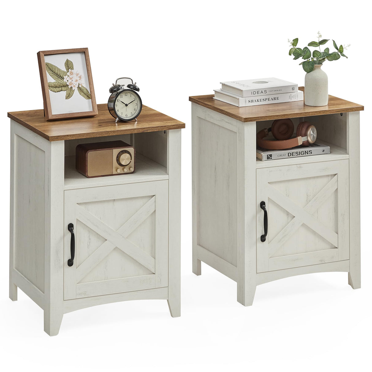 VASAGLE Farmhouse Nightstand with Barn Door, Set of 2, Bedside Table with Storage, Side End Table, Night Stand with Open Compartment, for Bedroom, Rustic White and Honey Brown ULET809K41 VASAGLE