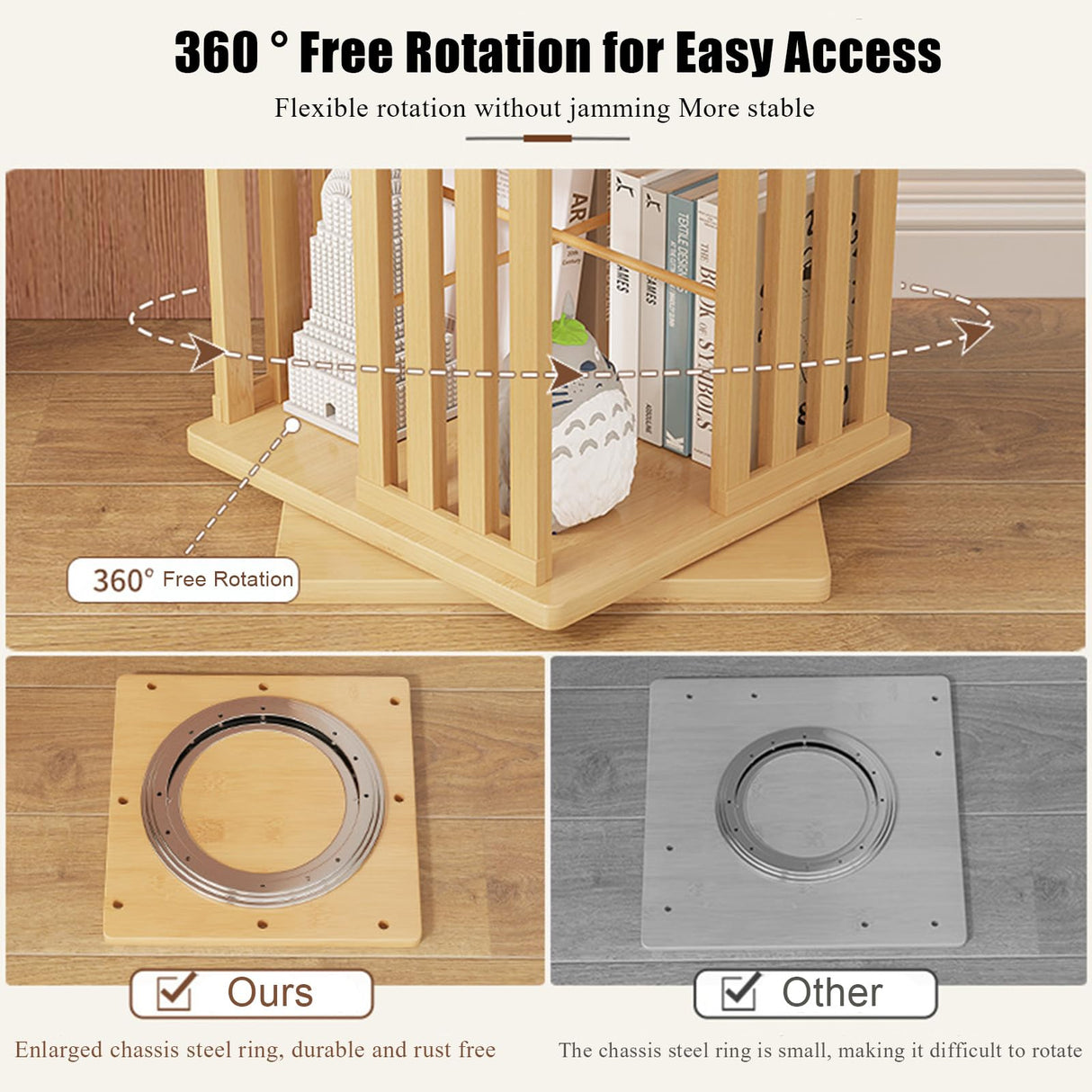 SUZEPER 360° Rotating Bamboo Bookshelf Tower – 5 Tier Floor Standing Storage Rack in Tan SUZEPER