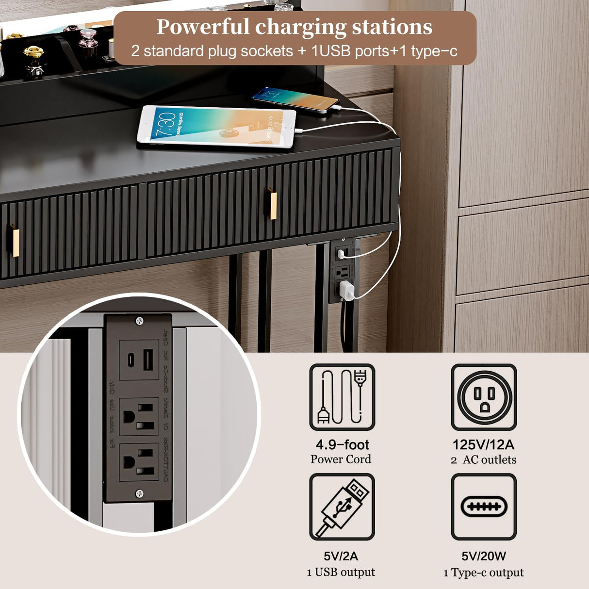 Large Vanity Desk with 3 Color Touch Screen Dimming Mirror, Vanity Desk with Charging Station, Modern Retractable Makeup Dressing Table, Vanity Table With storage shelves and 5 Sliding Drawers, Black YYJ