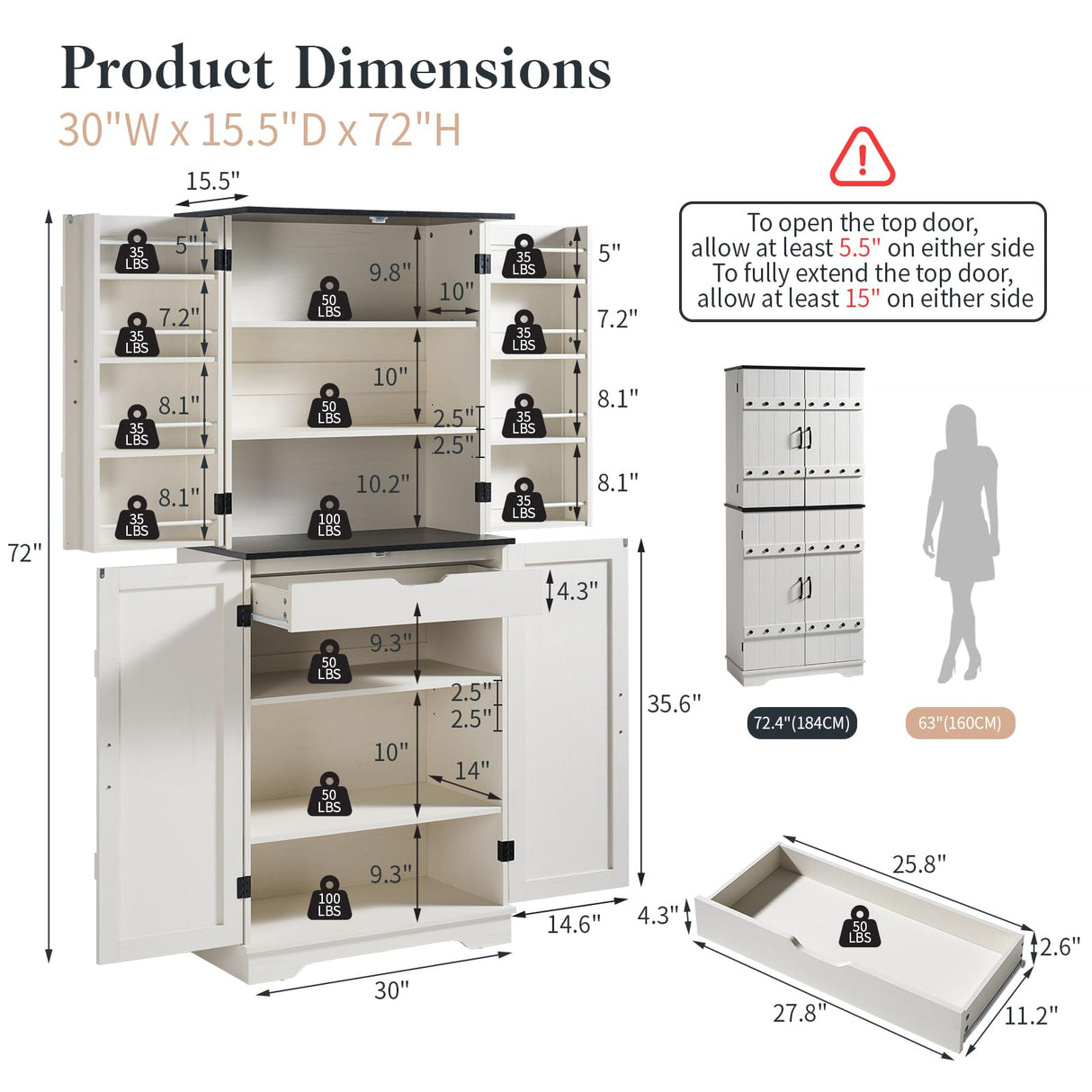 LUXOAK 72" Tall Farmhouse Kitchen Pantry with Rivet Barn Doors, Rustic Wood Cupboard Storage Cabinet/w Drawer & Adjustable Shelves for Dining Living Room, Bathroom & Hallway, Antique White LUXOAK